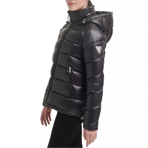 Guess Women's High-Shine Hooded Puffer Coat. - Picture 2 of 5
